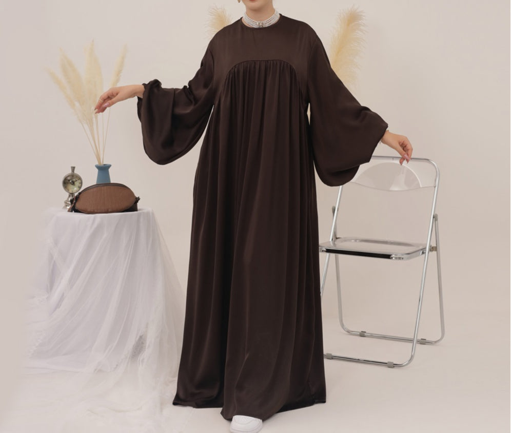 Eternal Blossom Satin Abaya Dress - Chocolate