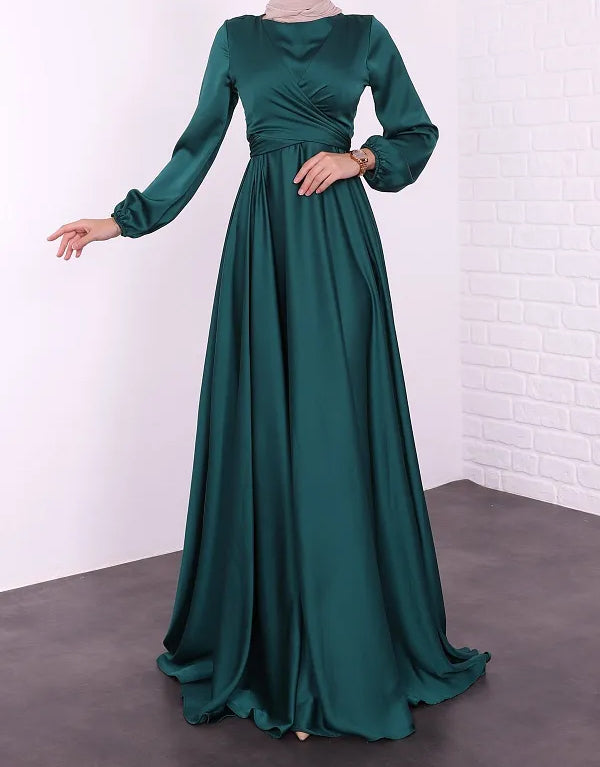 Satin Abaya Crossed Belted Evening Dress - Moss Green