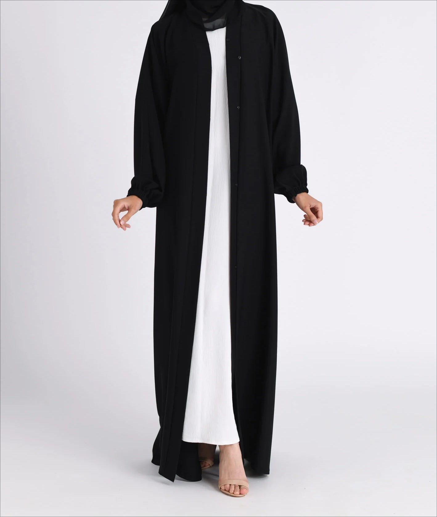 Classic Solid Open Abaya with Shrinking Cuffs - Black