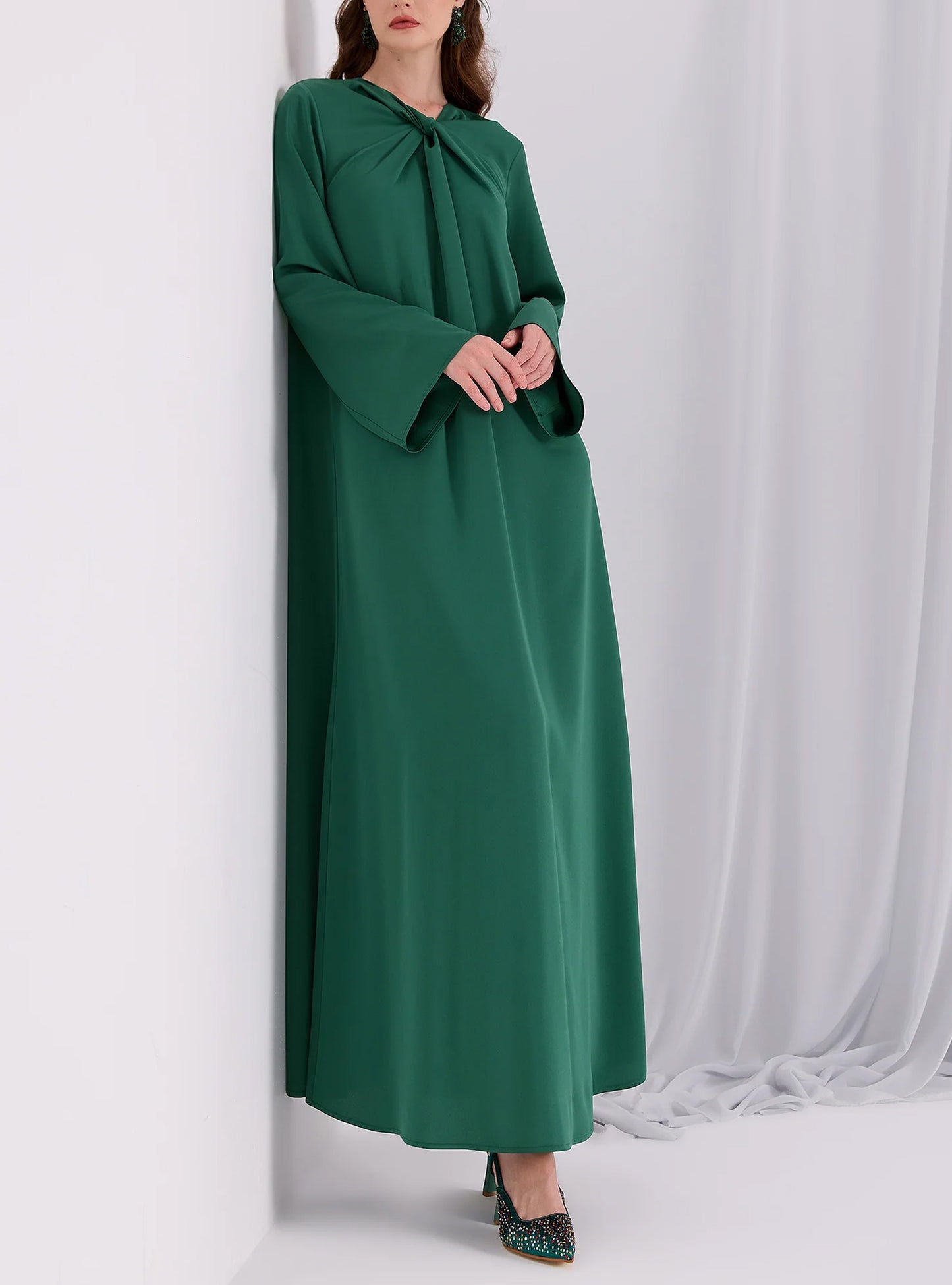 Green Ruffle Modest Muslim Maxi Abaya Dress-Green