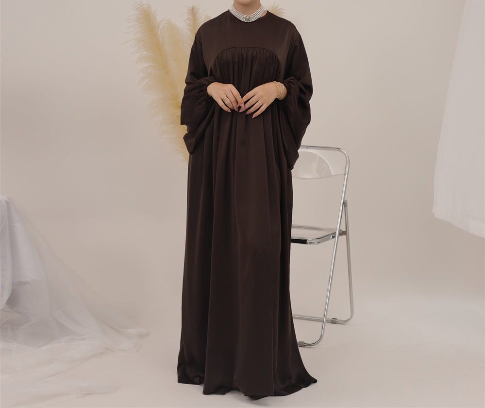 Eternal Blossom Satin Abaya Dress - Chocolate
