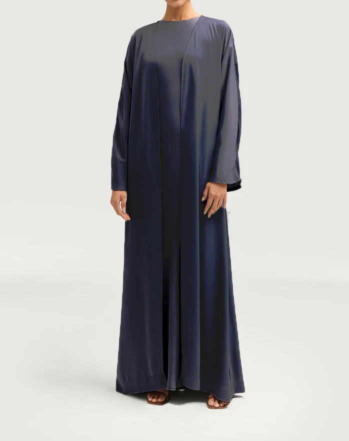 Sophia Heavy Satin Open Abaya Robe - Deep Navy