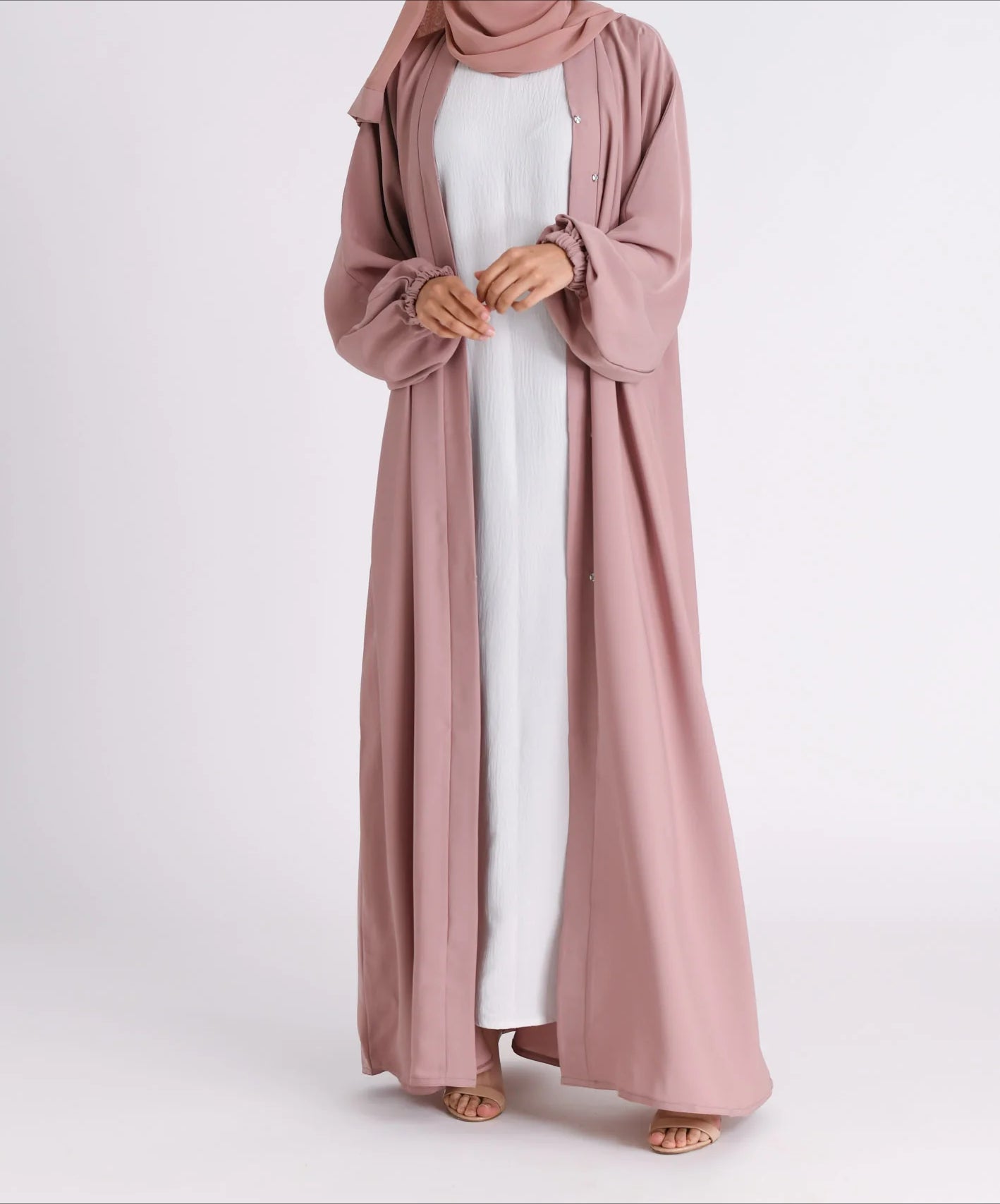 Classic Solid Open Abaya with Shrinking Cuffs - PalePink