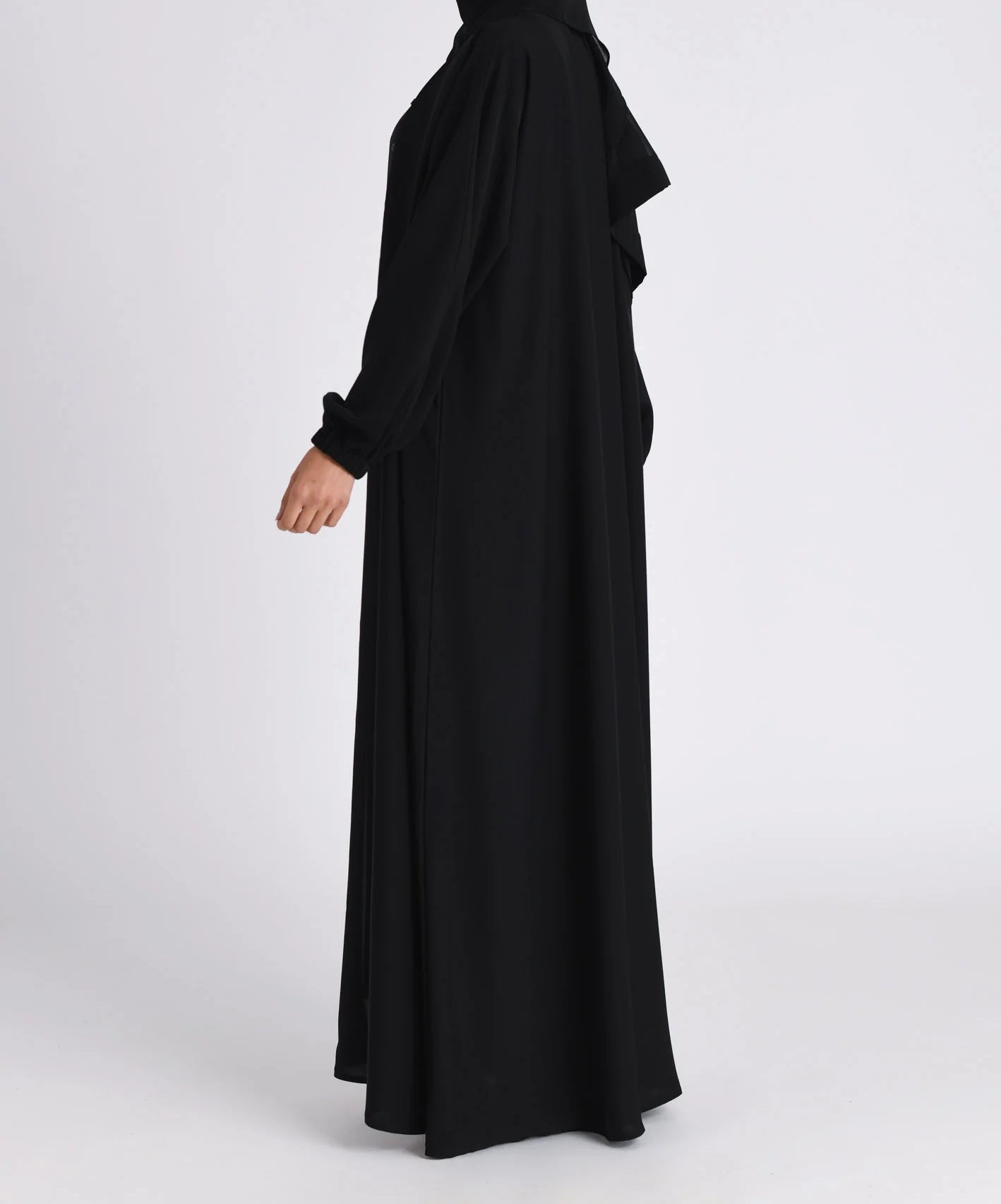 Classic Solid Open Abaya with Shrinking Cuffs - Black