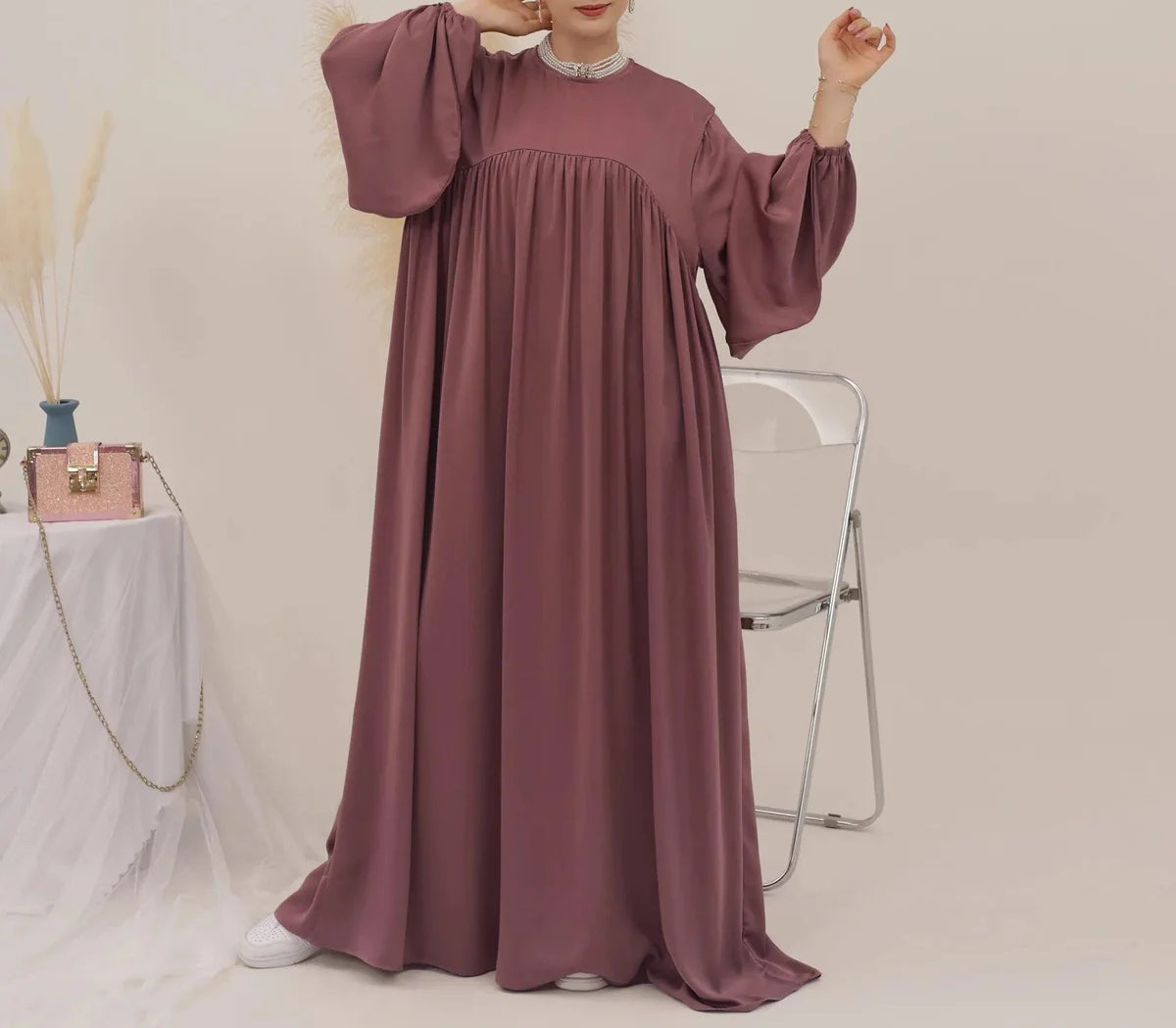 Eternal Blossom Satin Abaya Dress - Cinnamon