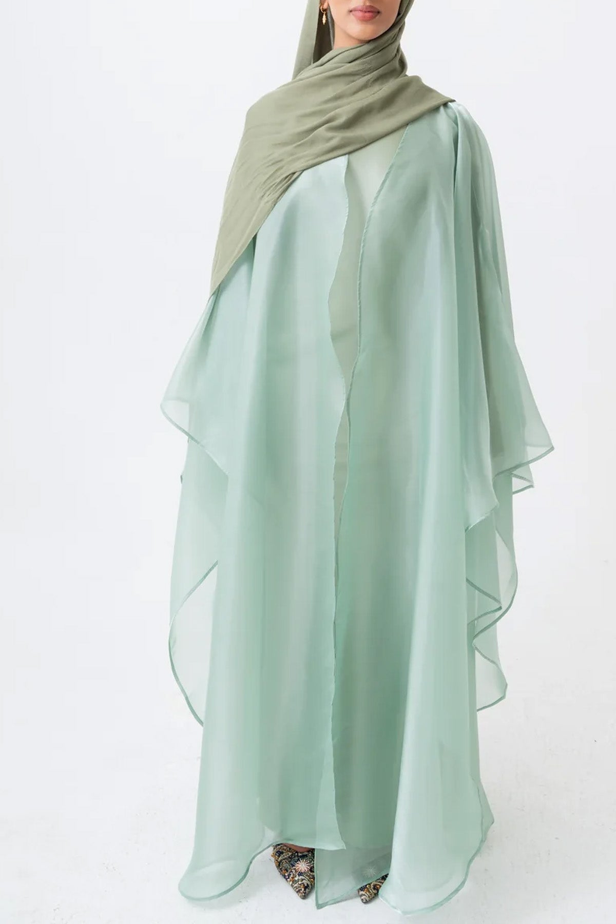 Pastoral Style Aesthetic Light Green Solid Color Women's Abaya Two-Piece Set