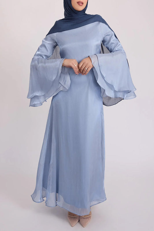 Elegant Solid Color Satin Wide Ruffled Sleeve Abaya Maxi Dress for Women