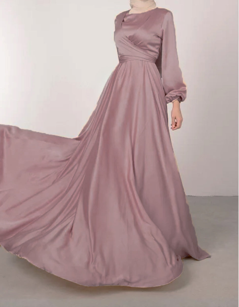 Satin Abaya Crossed Belted Evening Dress - Purple