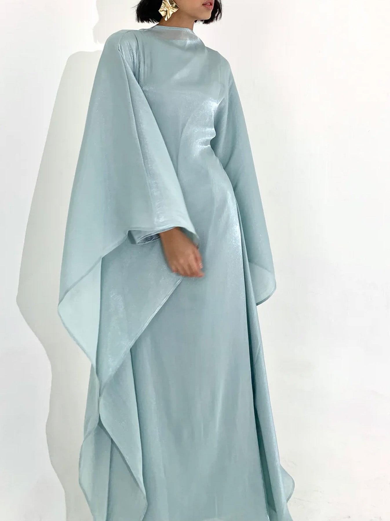 Elegant Satin-Textured High-Shine Abaya Maxi Dress for Women-Blue