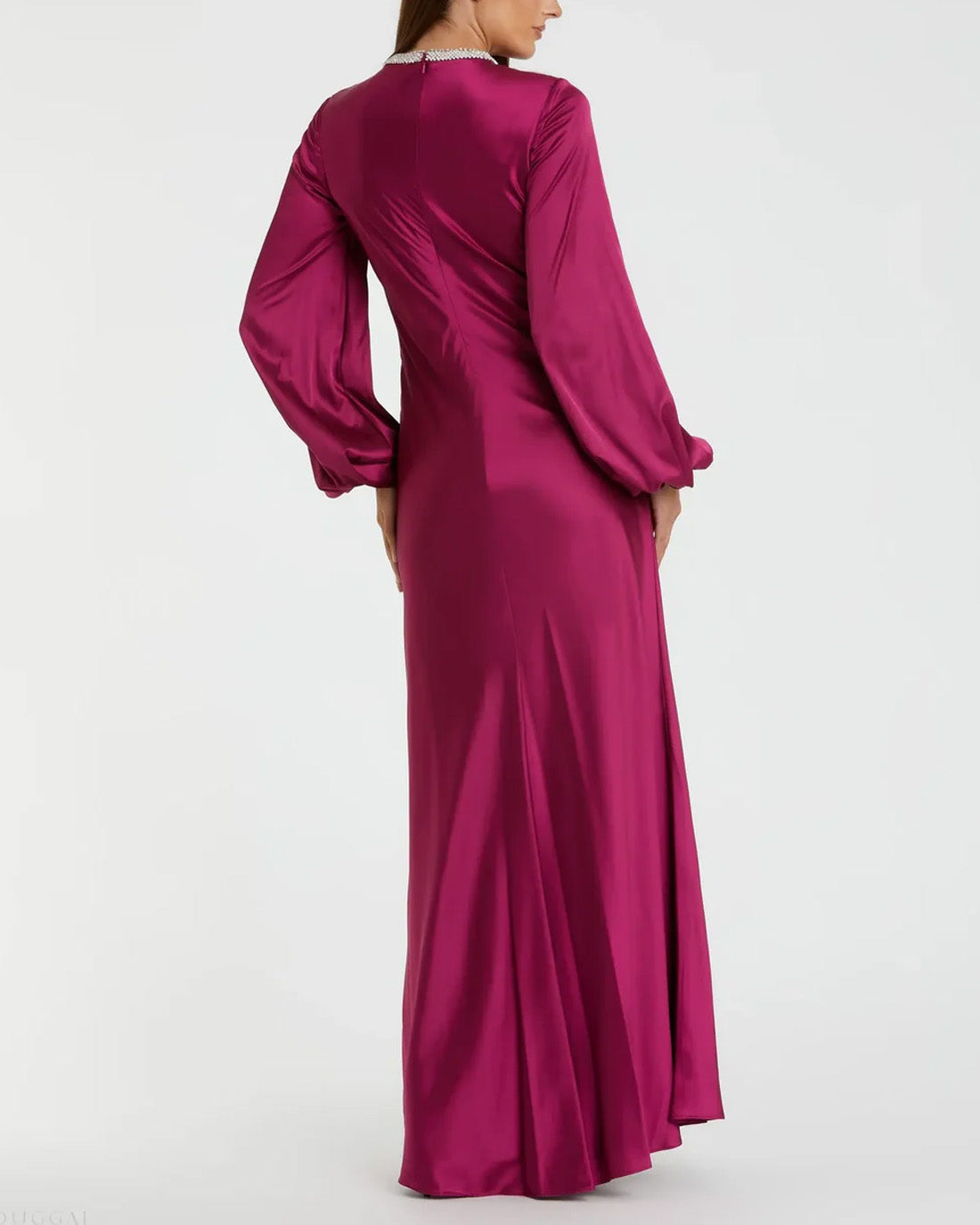 High-End Fuchsia Solid Color Neckline with Sparkling Bead Detail Women's Abaya Maxi Dress