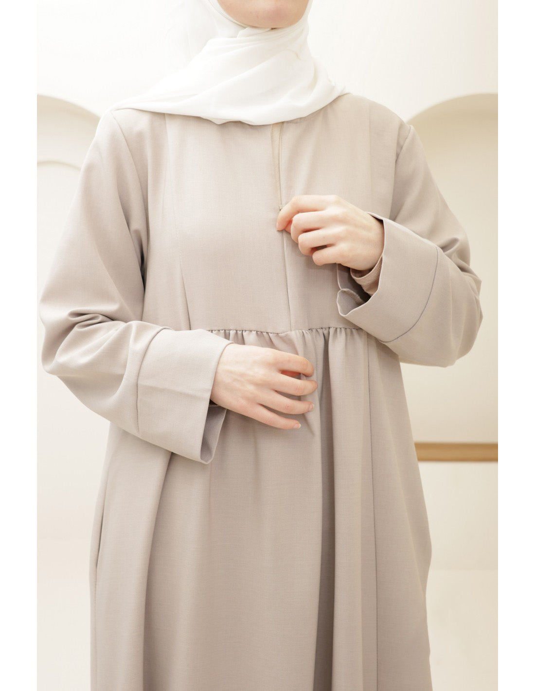 Ladies' Comfortable and Stylish Flared Skirt Front-zip Dress-Greige