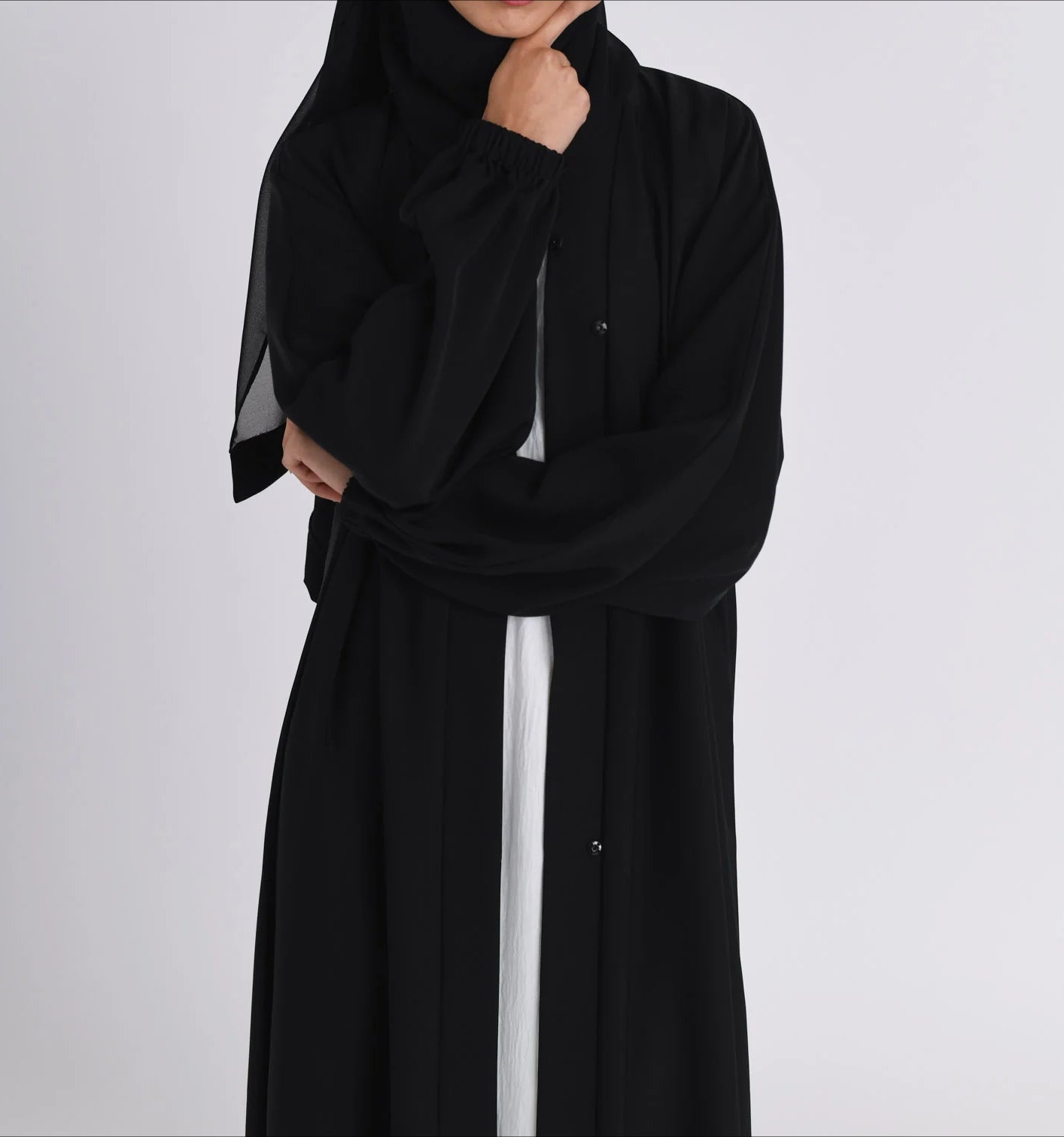 Classic Solid Open Abaya with Shrinking Cuffs - Black