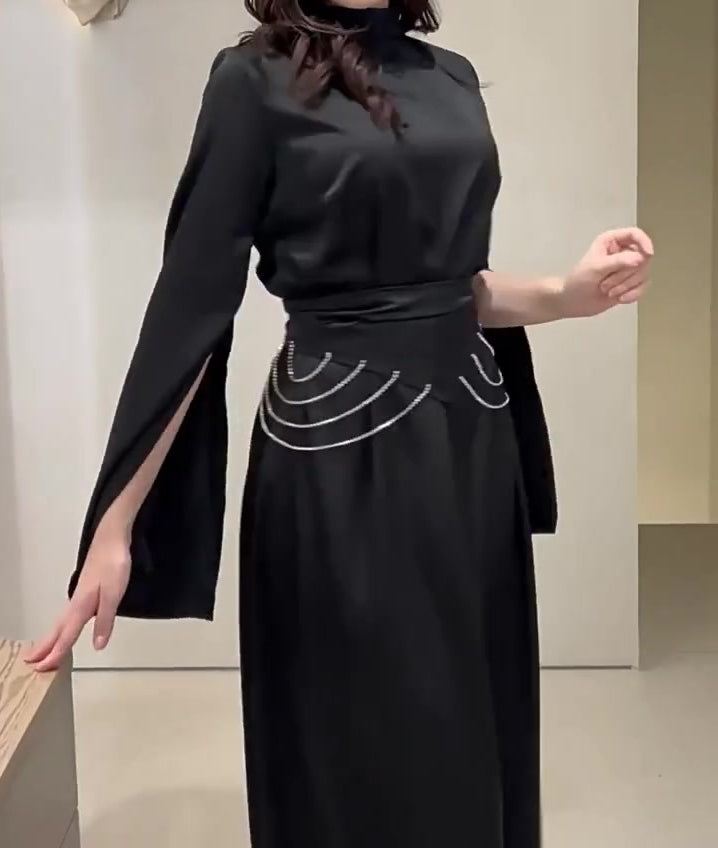 Satin Diamante Chain Waistband Sleeve Split Maxi Dresses