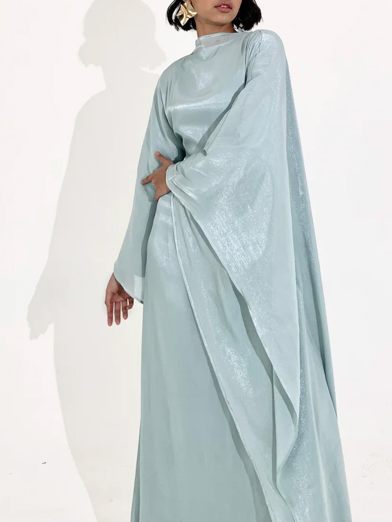 Elegant Satin-Textured High-Shine Abaya Maxi Dress for Women-Blue