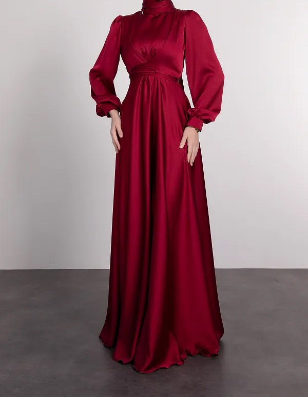 Satin Abaya Crossed Belted Evening Dress - Red