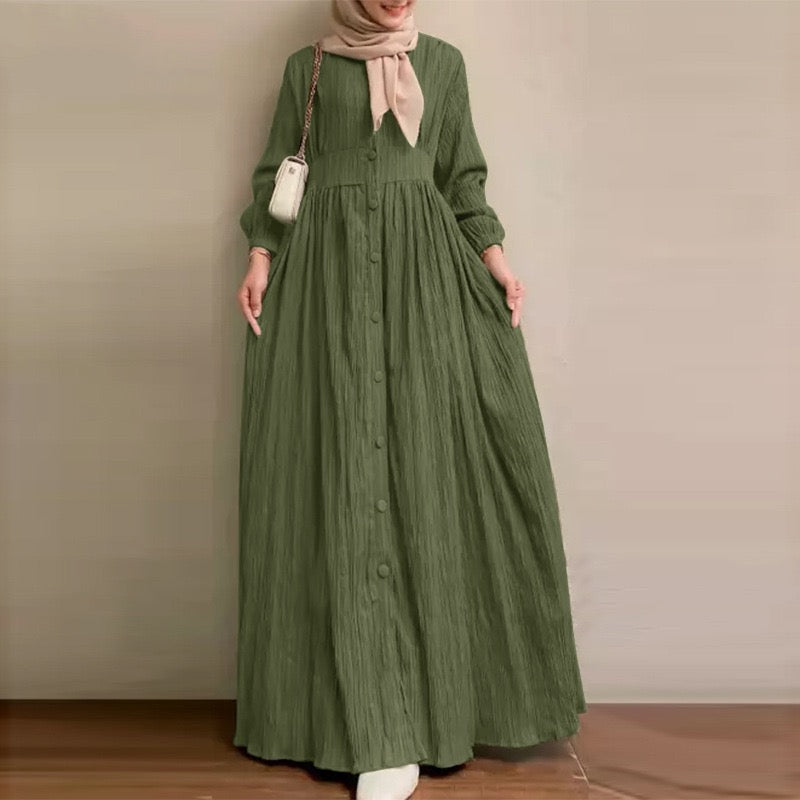 Women's Vintage Long-Sleeve Plain Modest Dress - Olive