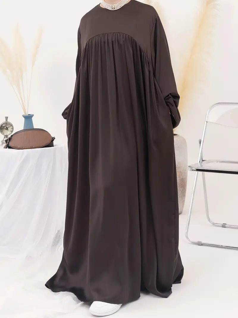 Eternal Blossom Satin Abaya Dress - Chocolate