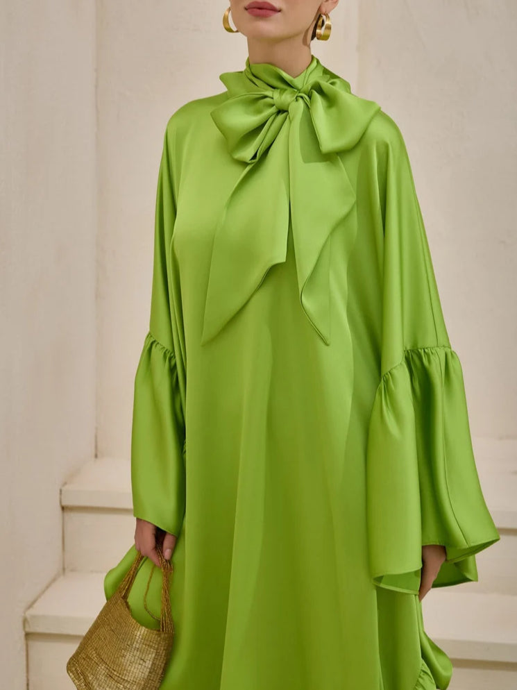 Tie Bow Big Ruffles Satin Kaftan - Green Grass