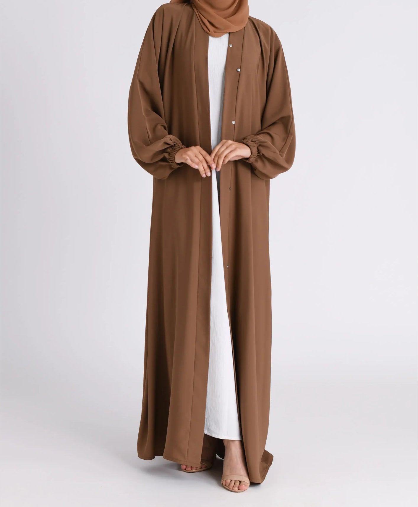 Classic Solid Open Abaya with Shrinking Cuffs - Toffee