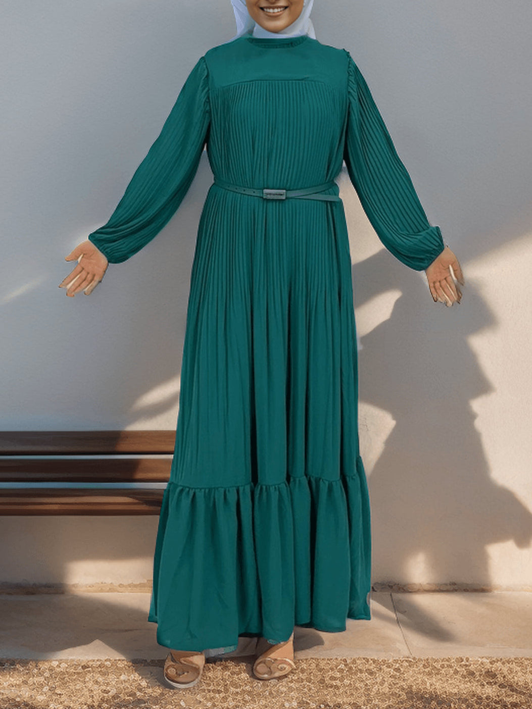 Muslim Pleated Abaya Dress - Green