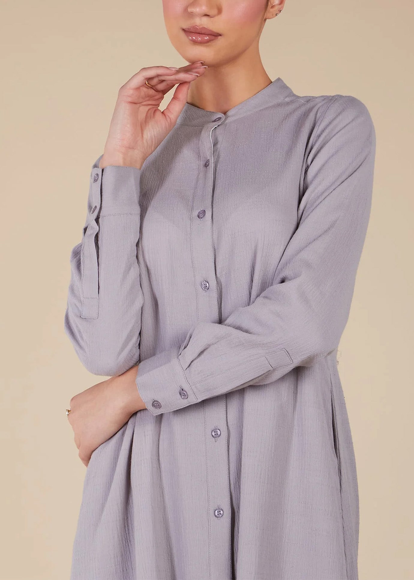 Small Stand Collar Front Full Button Placket Daily Casual Abaya Maxi Dress
