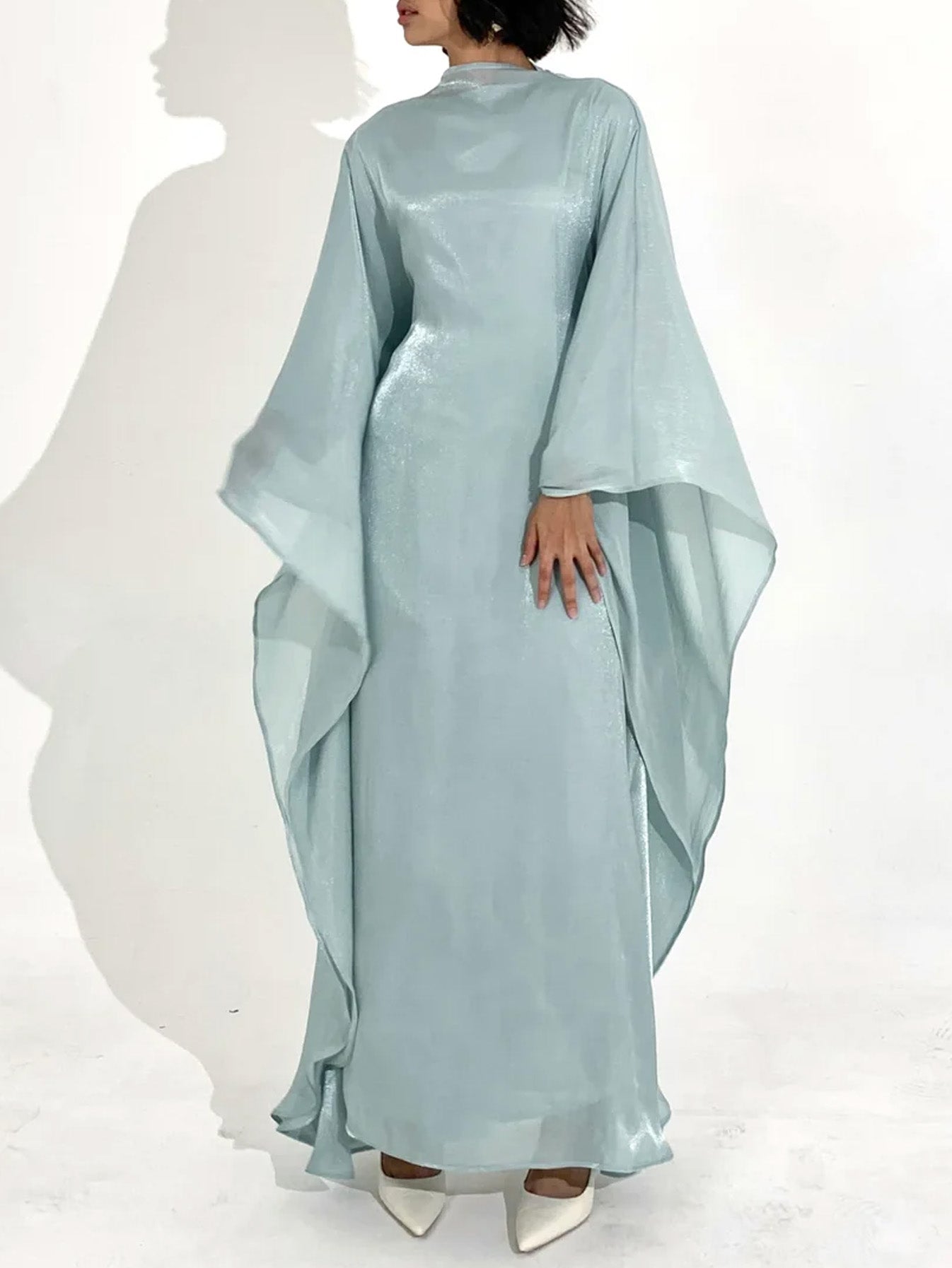 Elegant Satin-Textured High-Shine Abaya Maxi Dress for Women-Blue