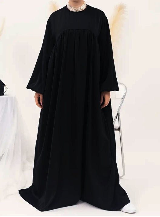 Eternal Blossom Satin Abaya Dress - Shiny Black