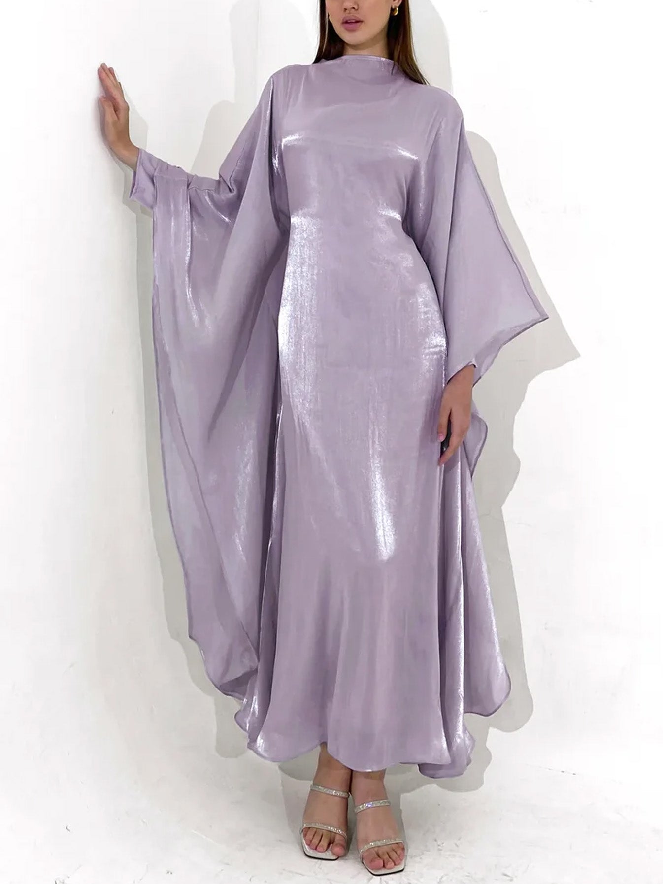 Elegant Satin-Textured High-Shine Abaya Maxi Dress for Women-Purple