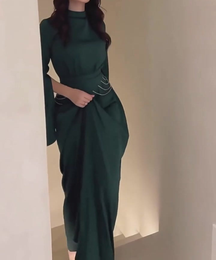 Satin Diamante Chain Waistband Sleeve Split Maxi Dresses
