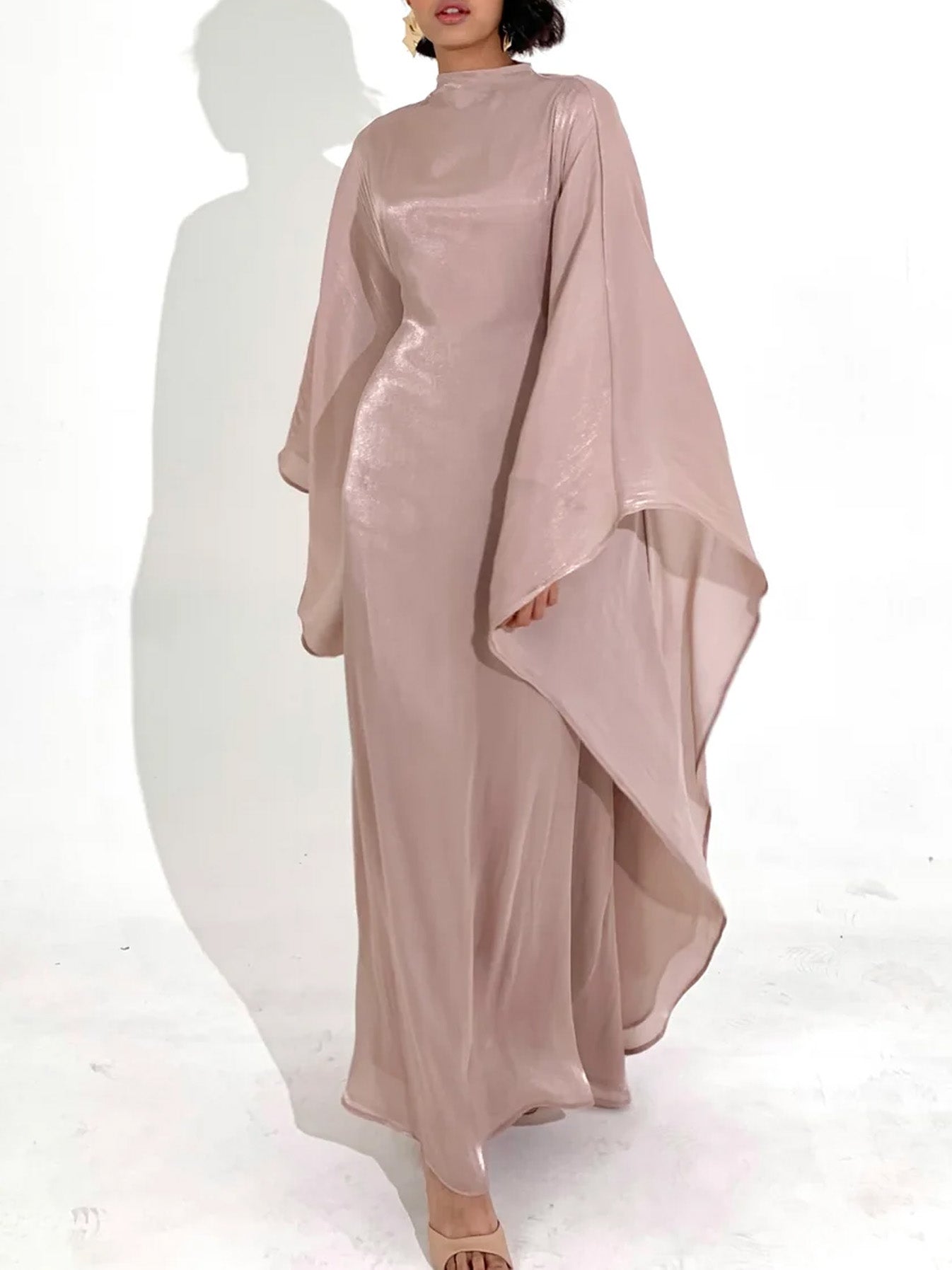 Elegant Satin-Textured High-Shine Abaya Maxi Dress for Women-Lotus Root Pink