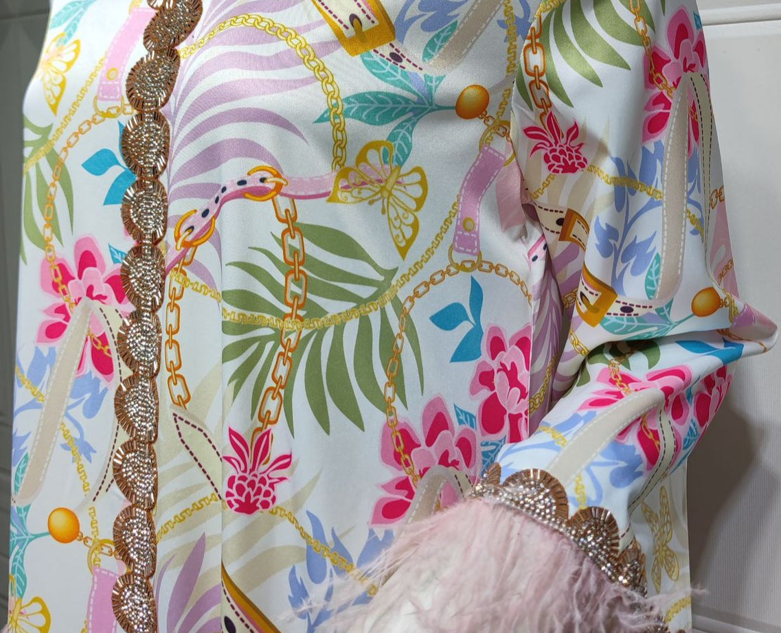 Feather Decoration Floral Abaya Dress