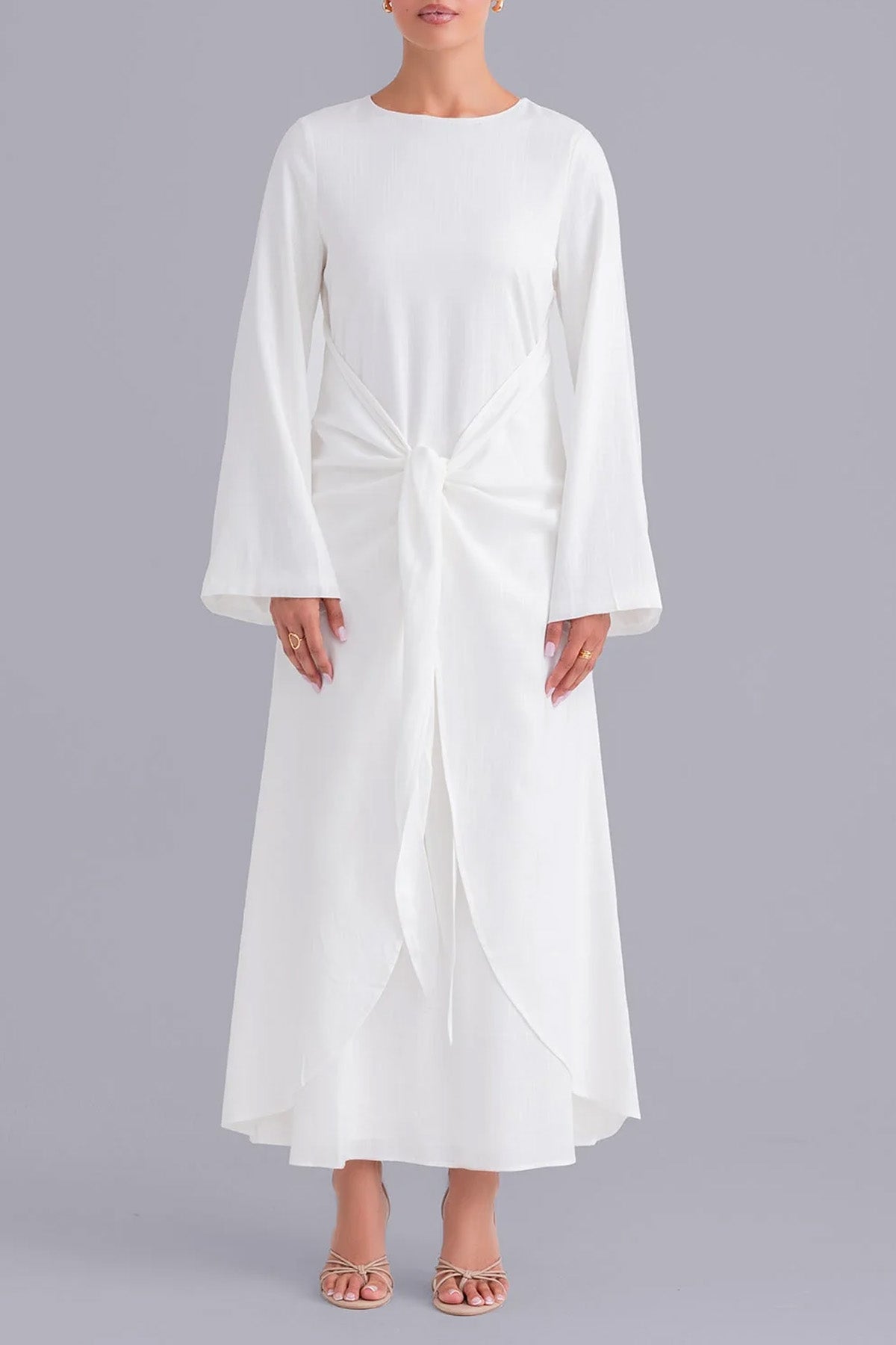 Elegant Pure White Front Cross Design Abaya Maxi Dress for Women