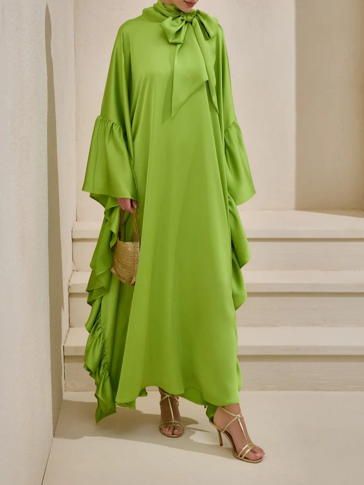 Tie Bow Big Ruffles Satin Kaftan - Green Grass