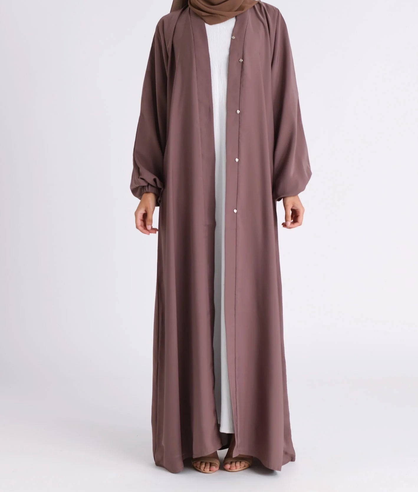 Classic Solid Open Abaya with Shrinking Cuffs - Brown