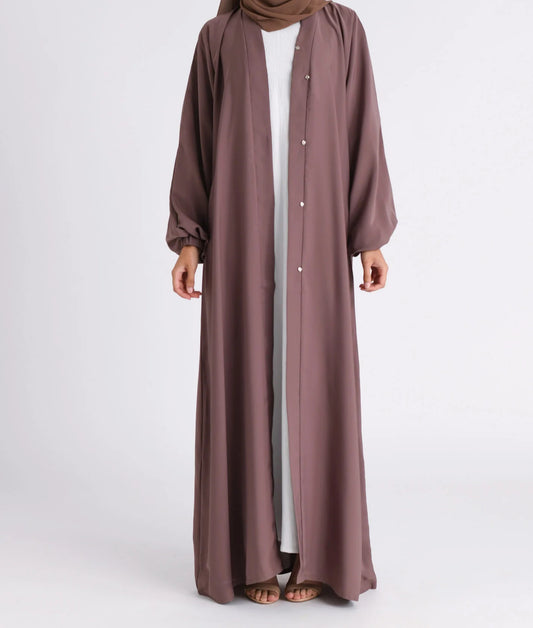 Classic Solid Open Abaya with Shrinking Cuffs - Brown