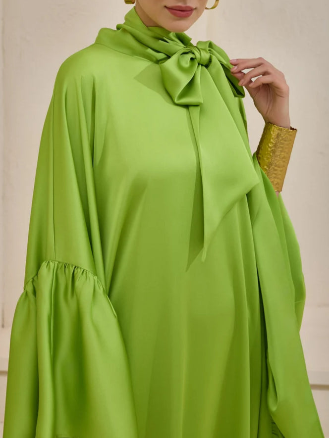 Tie Bow Big Ruffles Satin Kaftan - Green Grass