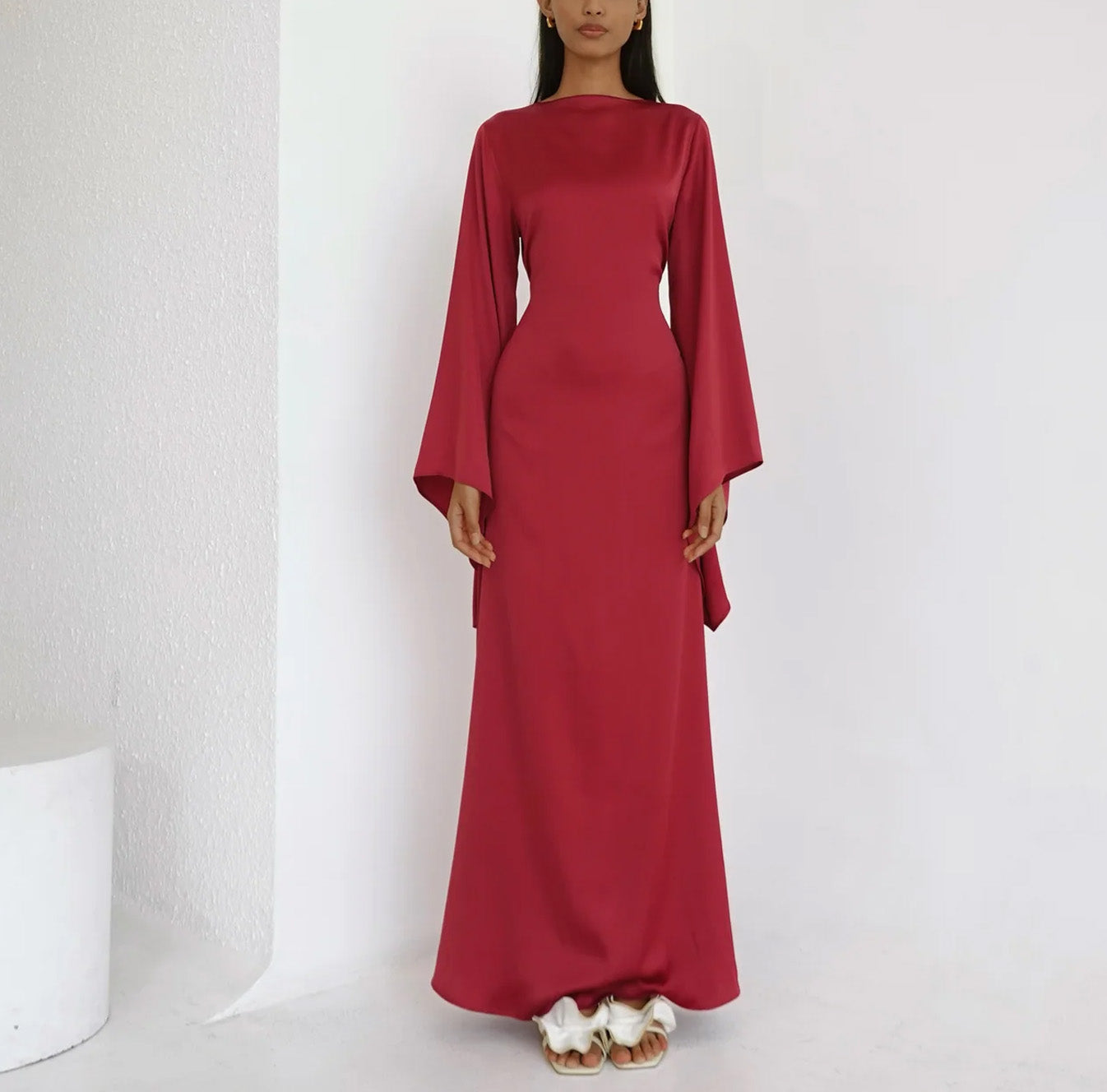 Solid Color Off-the-Shoulder Asymmetric Statement Sleeve Elegant Abaya Maxi Dress for Women-Red