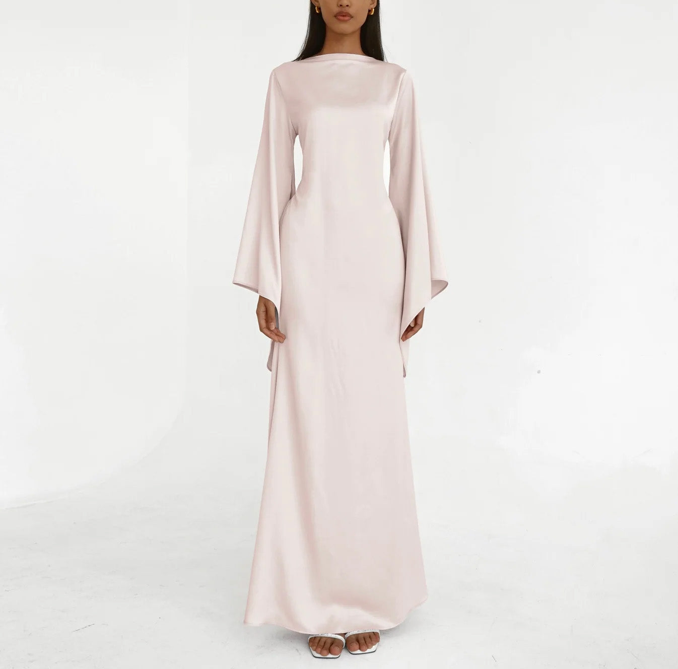 Solid Color Off-the-Shoulder Asymmetric Statement Sleeve Elegant Abaya Maxi Dress for Women-Light Pink