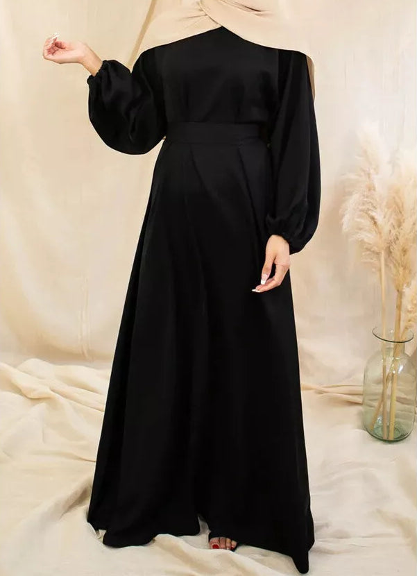 Zeenat Solid Satin Abaya Dress - Night Black