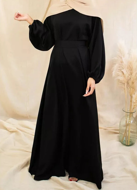 Zeenat Solid Satin Abaya Dress - Night Black