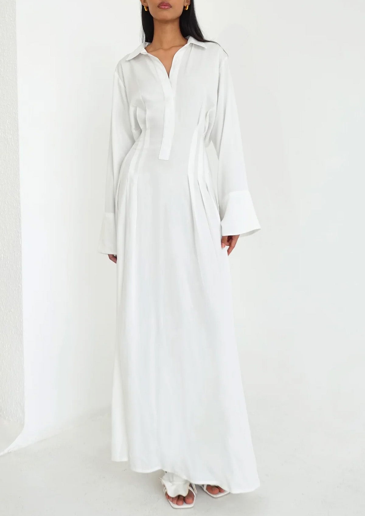 High-End Pure White Lapel Front Half-Placket Design Abaya Maxi Dress for Women