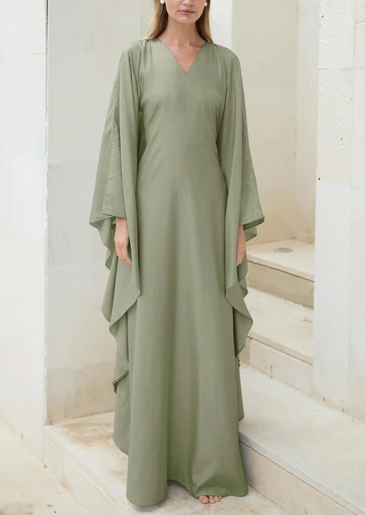 Elegant Casual Solid Color Small V-Neck Design Women's Abaya Dress-Green