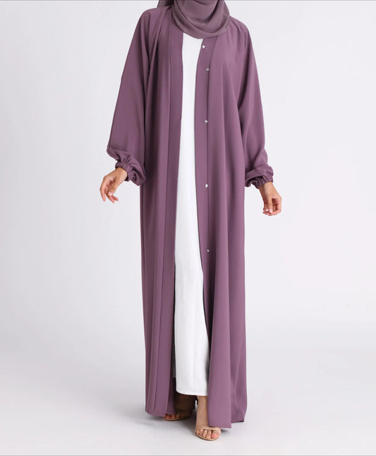 Classic Solid Open Abaya with Shrinking Cuffs - Purple