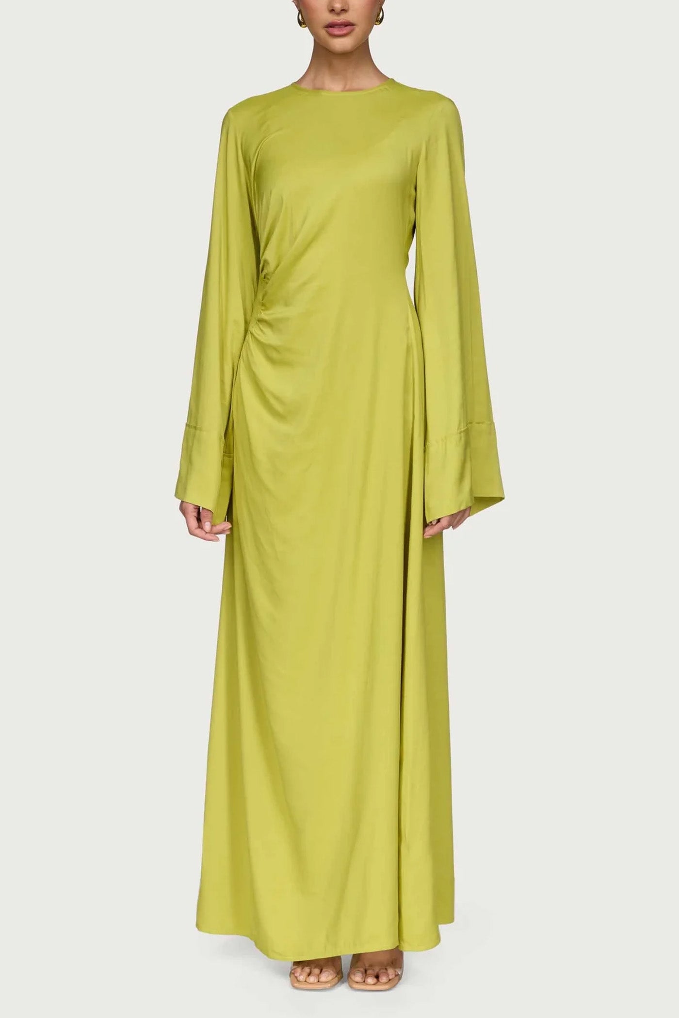 Asymmetric Pleated Floor-length Dress- Pear