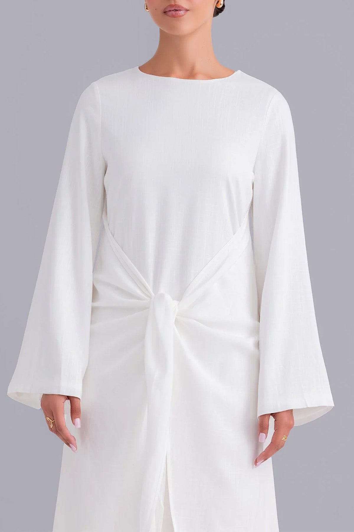 Elegant Pure White Front Cross Design Abaya Maxi Dress for Women