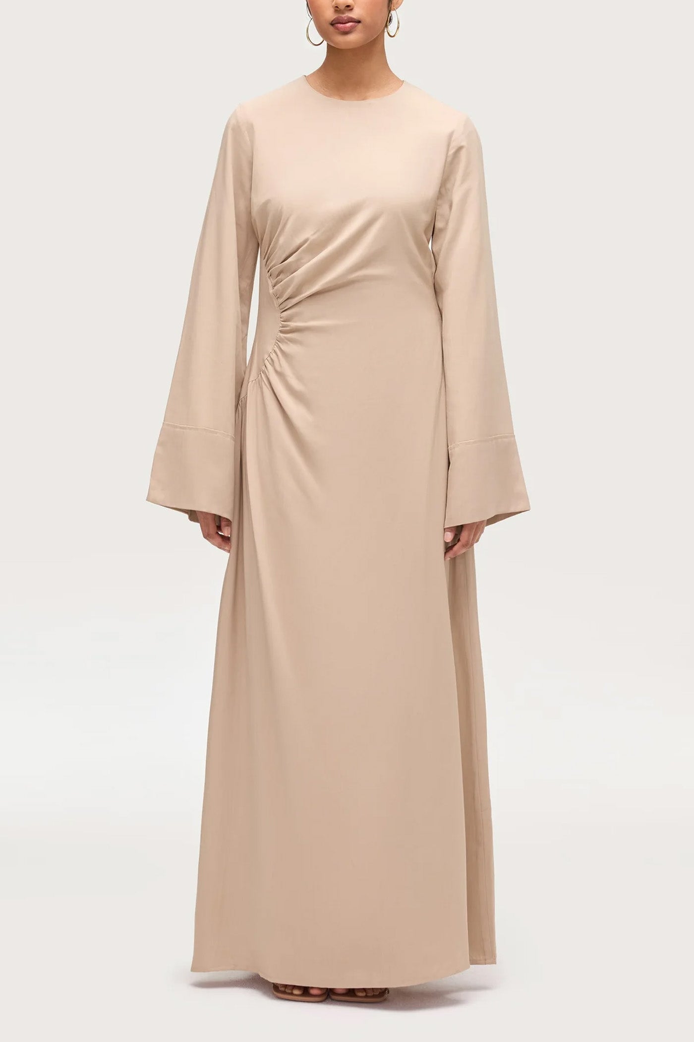 Asymmetric Pleated Floor-length Dress-Sand