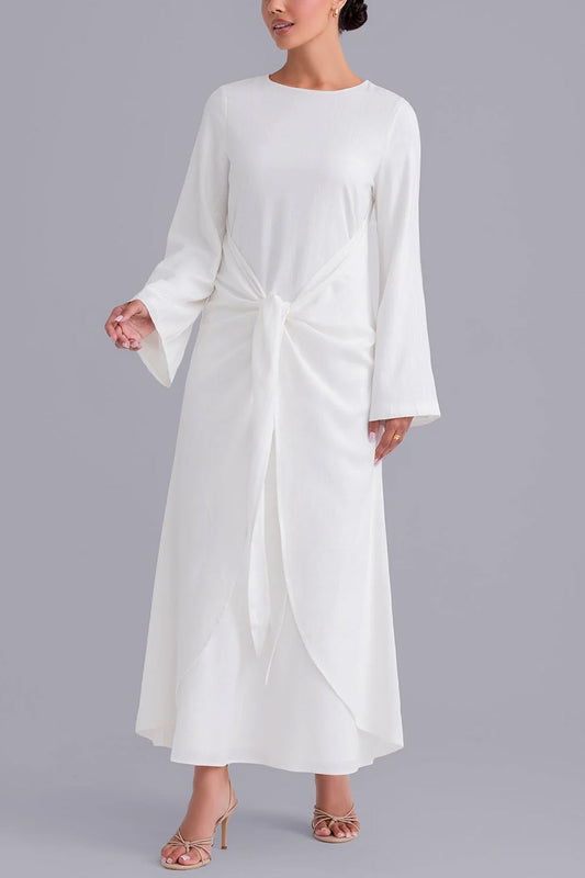Elegant Pure White Front Cross Design Abaya Maxi Dress for Women