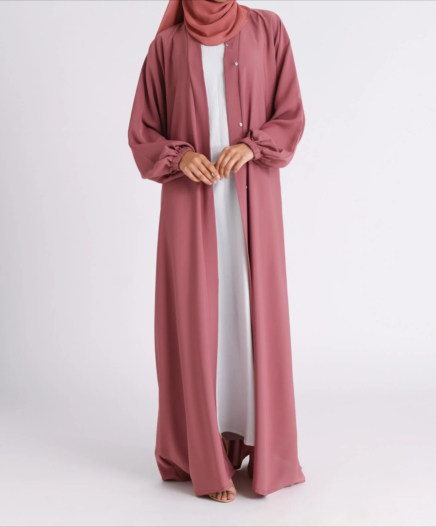 Classic Solid Open Abaya with Shrinking Cuffs - DarkPink