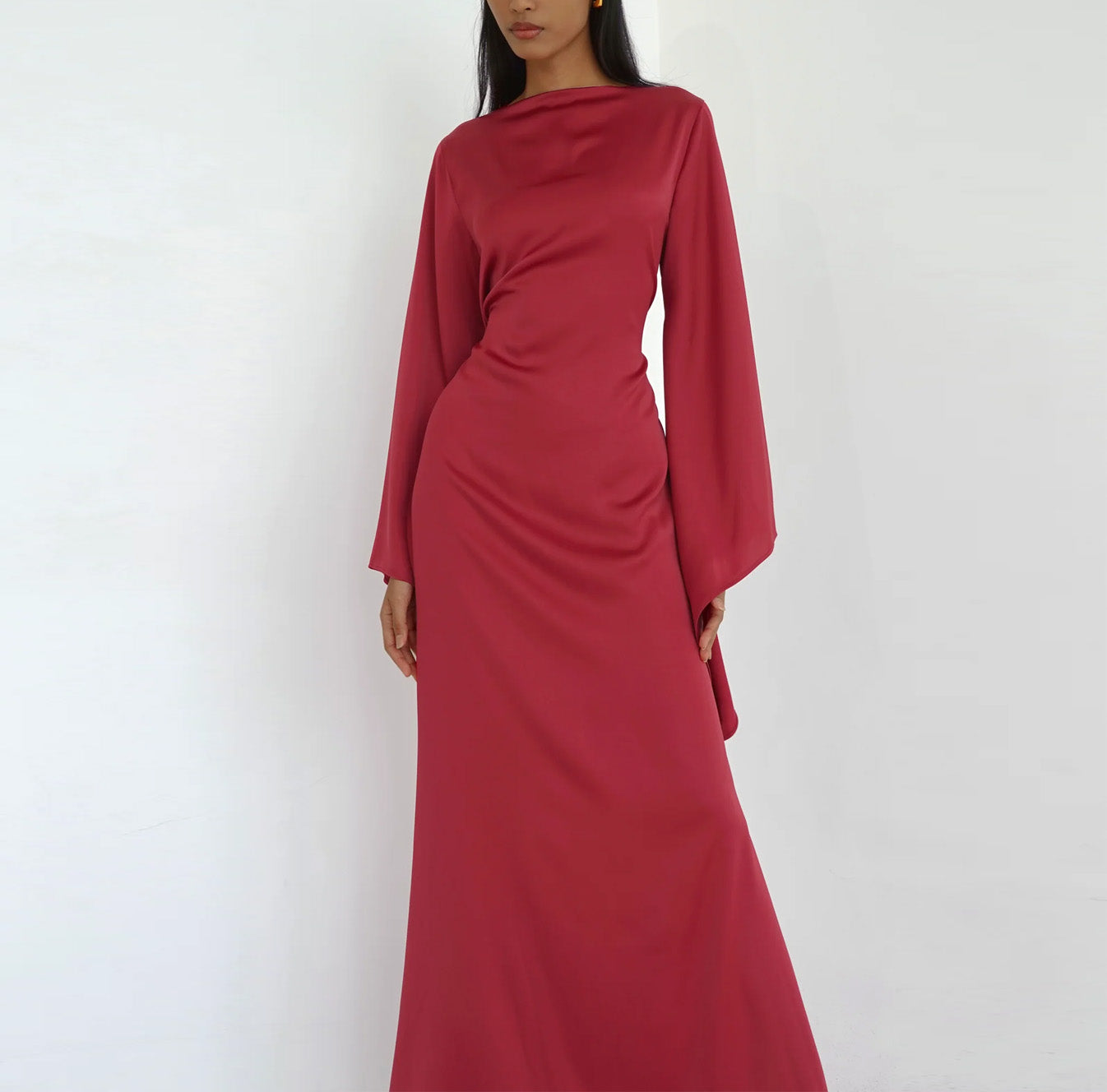 Solid Color Off-the-Shoulder Asymmetric Statement Sleeve Elegant Abaya Maxi Dress for Women-Red