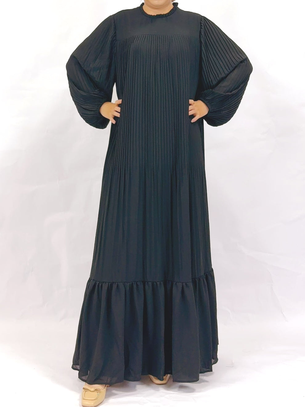 Muslim Pleated Abaya Dress - Black